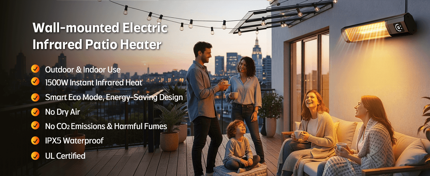 Wall-mounted electric infrared patio heater for rooftop terrace